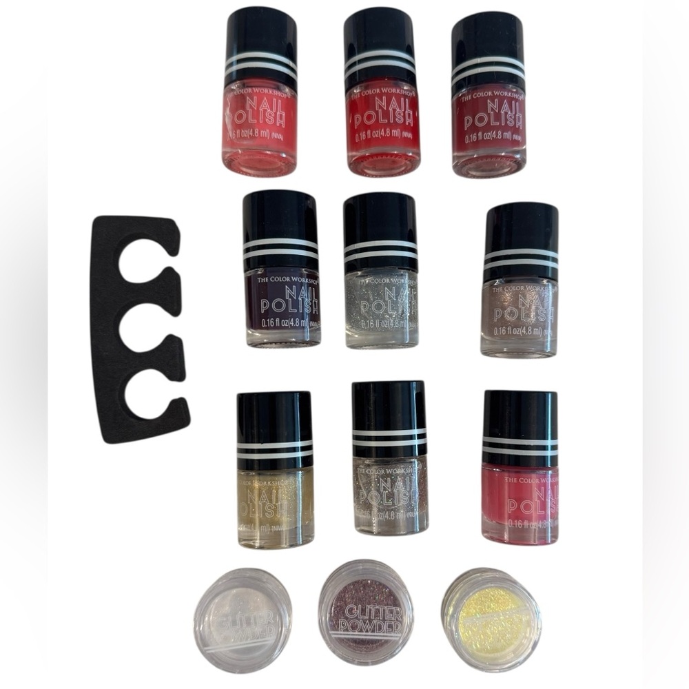 Beauty set of 9 nail polishes 3 glitter powders & toe separator